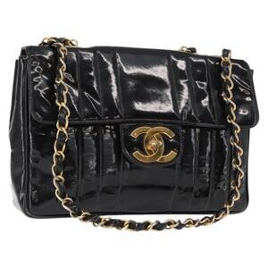 CHANEL Mademoiselle Chain Shoulder Bag Enamel Black Gold CC Auth ka422